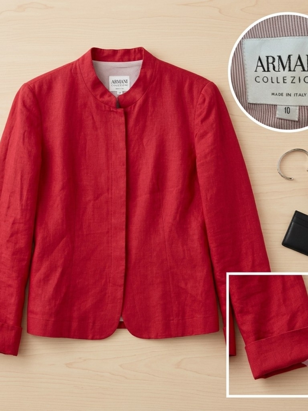 Armani Collezioni Crimson Red Linen Mandarin Collar Jacket, Size 10